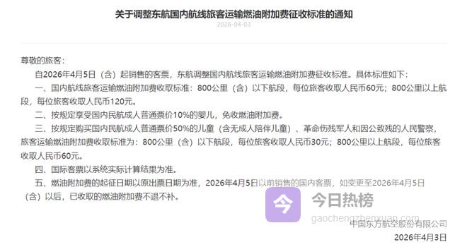 东航、上航宣布调整国内航线燃油附加费！