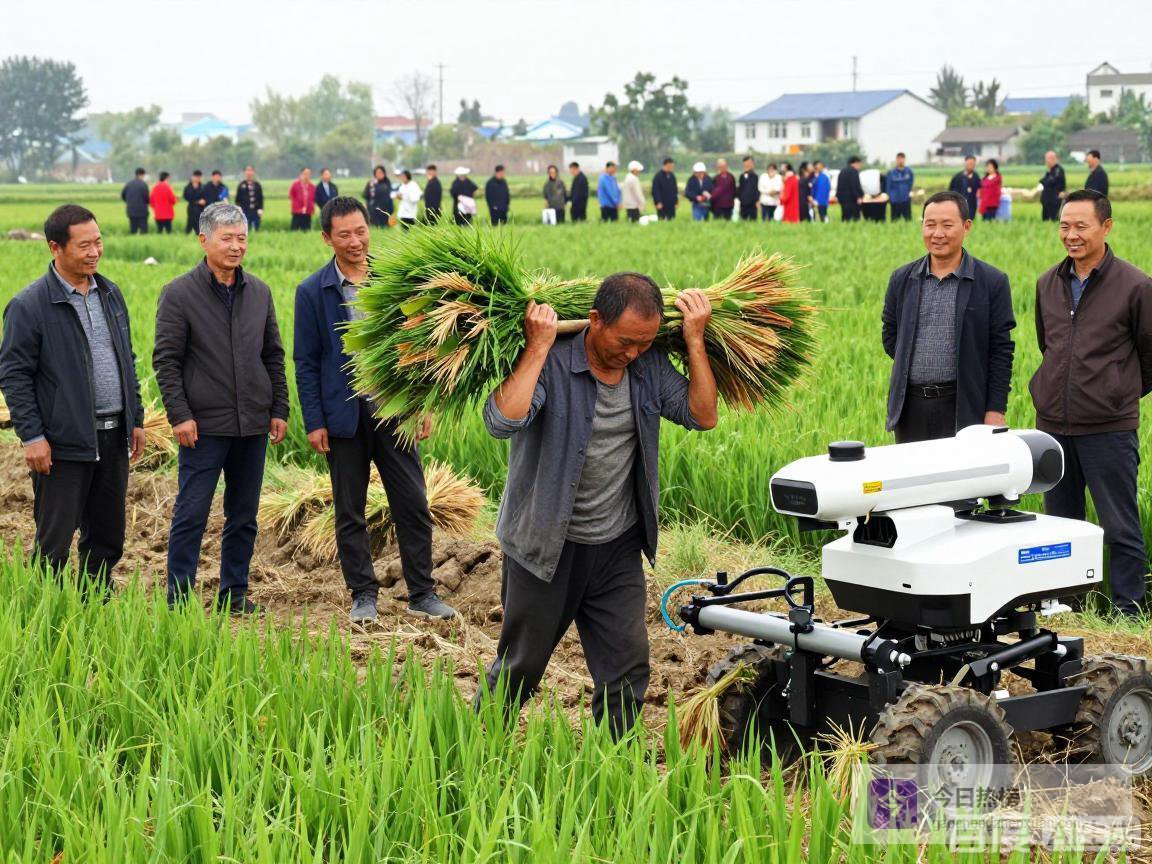 48岁农户靠机器人变身田间“大力士”，扛几百斤秧苗不费劲，乡亲围观客商踏破门